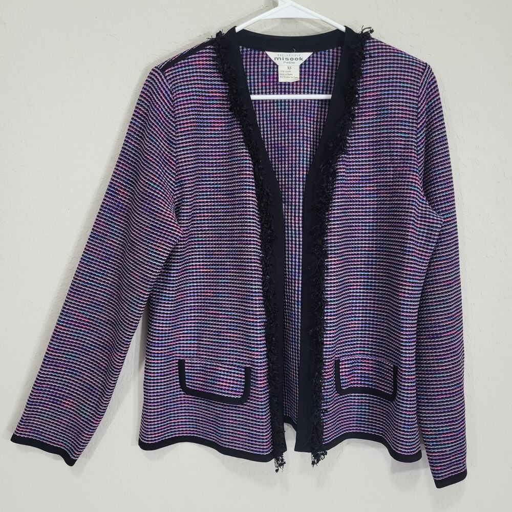 VTG Blazer Cardigan Jacket Misook XS Petite Purple Pink Fringe Office Spring